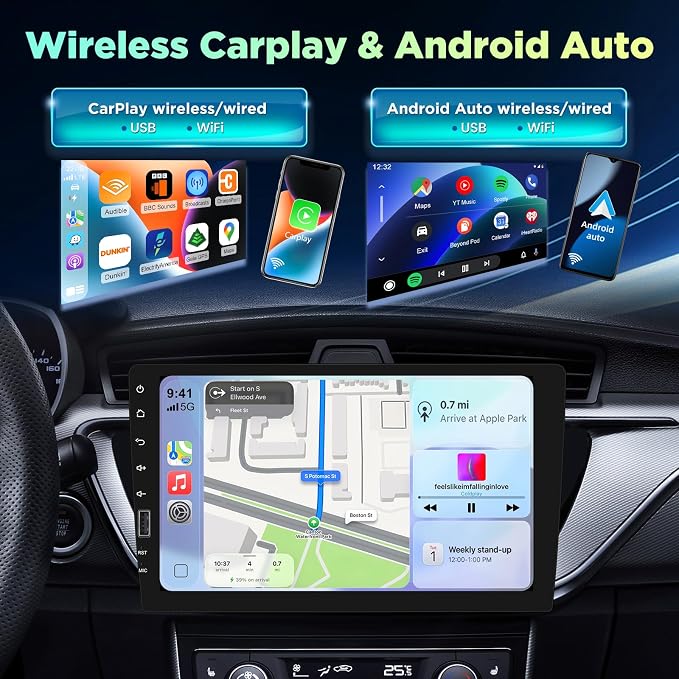 9inch Single Din Touchscreen Car Stereo Compatible with Wireless Carplay and Android Auto, Bluetooth Car Radio with Backup Camera, AM/FM/RDA Radio, Mirror Link, IPS Screen