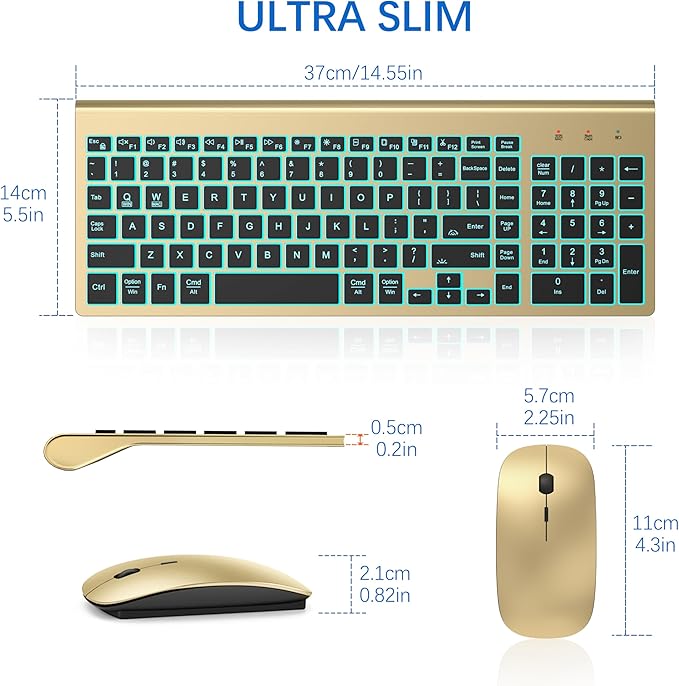 Wireless Keyboard and Mouse Ultra Slim Combo, TopMate 2.4G Silent Compact USB 2400DPI Mouse and Scissor Switch Backlit Keyboard Set, for PC/Laptop/Windows/Mac/Gaming - Gold Black