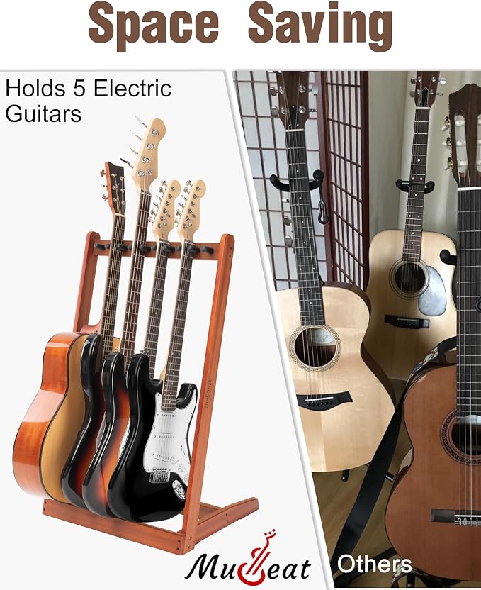 Multiple Guitar Stand, Mahogany Wood Multi Guitar Stand for 3 Acoustic, 5 Electric or 5 Bass, Hardwood Instrument Rack for Men, Wooden Floor Instrument Racks for Home Decor, Studio Display