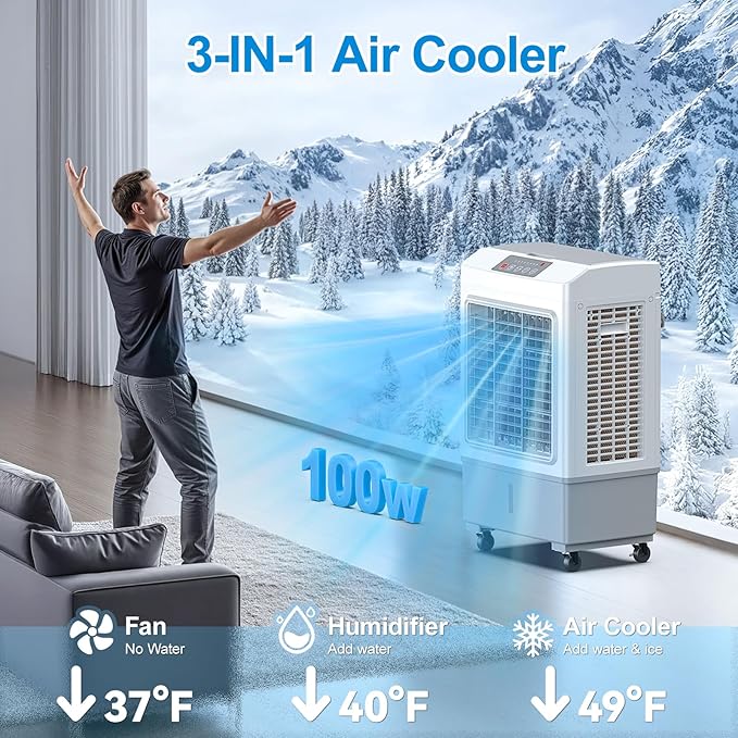 Windowless Swamp Cooler, 3 in 1 Evaporative Portable Air Conditioner with Remote, Cooling Fan Ac Unit,3 Speed, 24H Timer, 5.3 Gal Water Tank, 4 Ice Box for Garage, Patio, Bedroom Home Office Outdoor