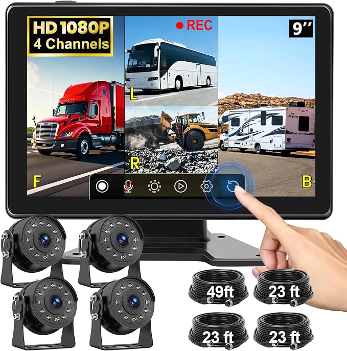 1080P 4-Wired Backup Camera System for Truck/RV Plug and Play, 9" HD Touch DVR Quad Split Monitor 4 Side Rear View Camera, 64GB Card Reverse Camera for Trailer/Tractor/Bus, Waterproof IR Night Vision