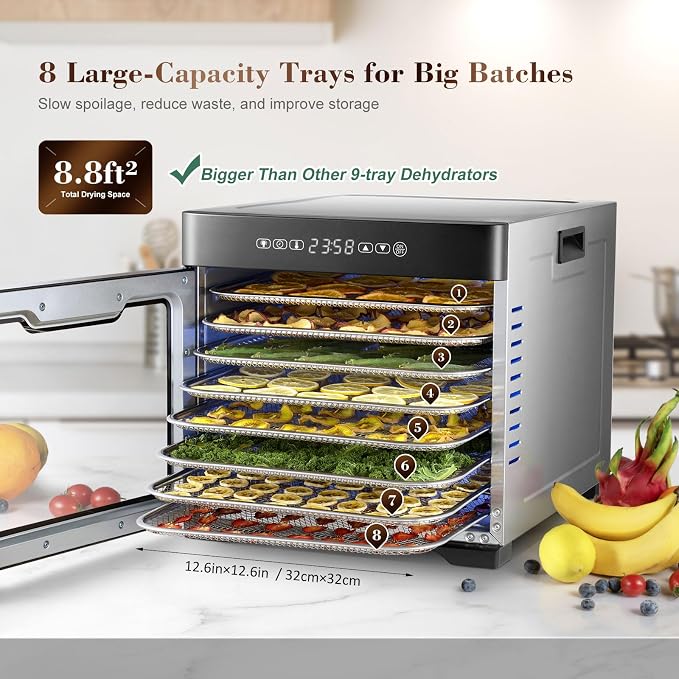 Commercial Large Food Dehydrator, Usable Area up to 9 ft², 800W Full Stainless Steel Dryer Machine, up to 190℉ Temperature, for Meat, Fruit, Veggies, Beef, Herbs