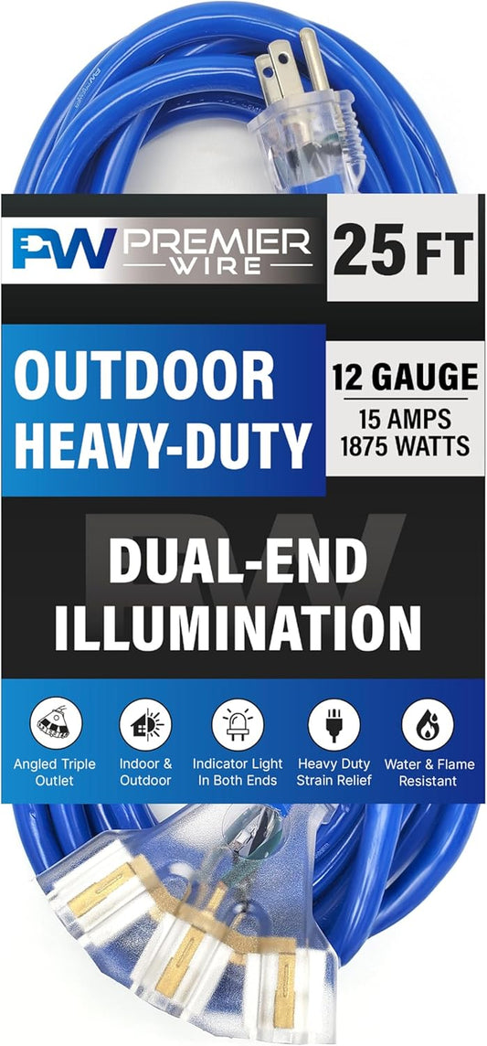 25 ft - 12 Gauge Heavy Duty Extension Cord - Lighted on Both Ends - SJTW Blue - Outdoor Extension_Cord Waterproof 25 ft by Premier Wire - 15 Amp ExtensionCord (25 Foot 12-Awg Power Cord Blue)