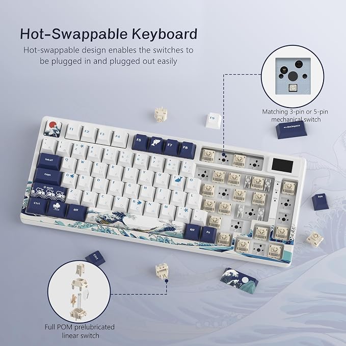 Womier SK80 75% Keyboard with Color Multimedia Display Mechanical Gaming Keyboard, Wired Hot Swappable Gasket Mount RGB Custom Key Board, Pre-lubed Stabilizer for Mac/Win, White Kanagawa