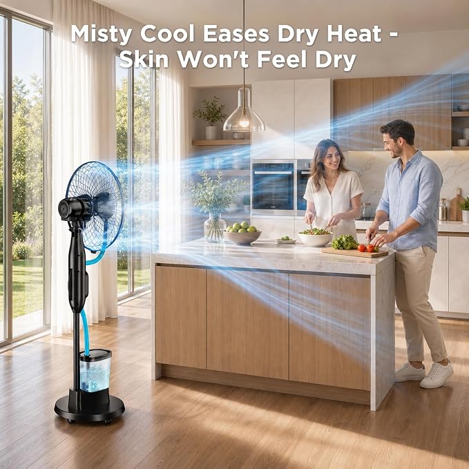Misting Fan, 16'' Standing Fan with Humidifier, Oscillating Fan with 3 Winds 9 Speeds, Ultrasonic Humidifier for Bedroom/Living Room/Office, 0.5-7H Timer for Daily Indoor Cool