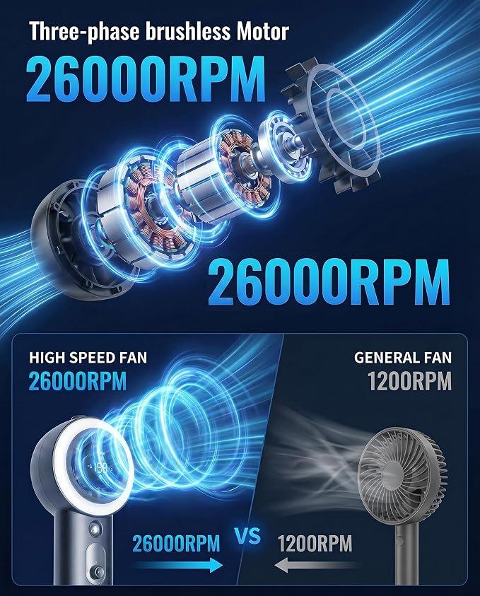 Portable Fan with Mist, AC-Level Ice Cooling Handheld Fan, Personal Fan with 1-199 Speed, 26000 RPM Powerful Turbo Fan, 40ml Water Tank & 5000mAh Battery Mini Fan for Travel, Makeup, Camping, Outdoors