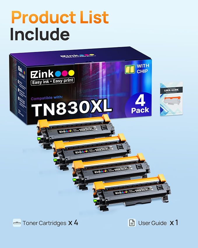 E-Z Ink Compatible TN830XL Toner Cartridge Replacement for Brother TN830XL TN830 TN 830 Toner Cartridges with Brother DCP-L2640DW HL-L2460DW HL-L2480DW HL-L2400D HL-L2405W Printer (4 x TN830XL Toner)