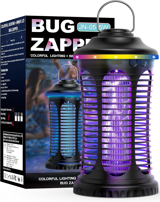 Rechargeable Bug Zapper Outdoor Indoor, Mosquito Zapper Cordless with 4000mAh Battery, RGB Light, USB-C Charging, 1/2 Acre Coverage, IPX4 Waterproof, Portable Fly Zapper for Camping, Patio, Garage