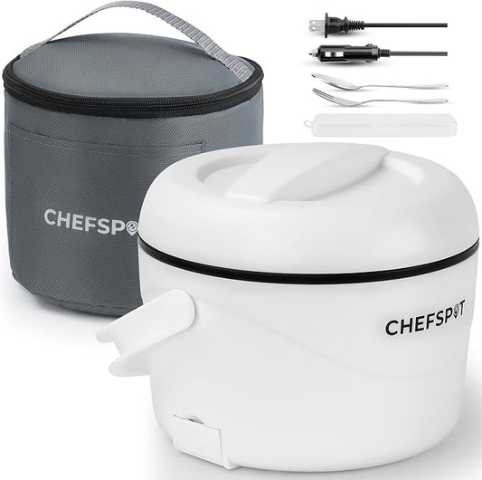 Electric Lunch Box, 37oz Portable Food Warmer with 12V/24V Car & 120V Home Plugs, Spill-Proof, BPA-Free, Dishwasher-Safe, No Microwave Needed, with Utensil Set & Carry Bag (Arctic White)