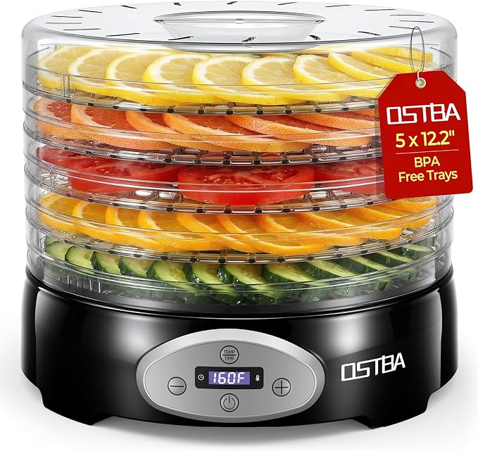 OSTBA Food Dehydrator, 5 BPA-Free 12.2" Trays, Adjustable Temp 95–160℉, 48H Timer, 420W Food Dryer for Fruits, Veggies, Jerky, Herbs, Home Use, BPA-Free