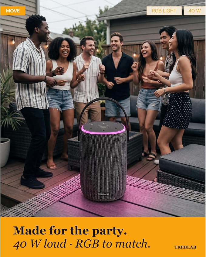 TREBLAB Portable Outdoor Bluetooth Speaker, 40W, IPX6 Waterproof, 18-Hour Battery, TWS Stereo Pairing, USB-C, Built for Active Days - Move Power (HD-Energy-Pro)