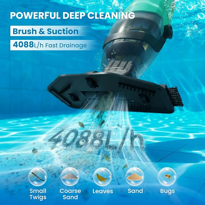 Cordless Pool Vacuum for Above Ground & Hot Tubs, Powerful Suction for Leaves, Sand & Debris, 18GPM