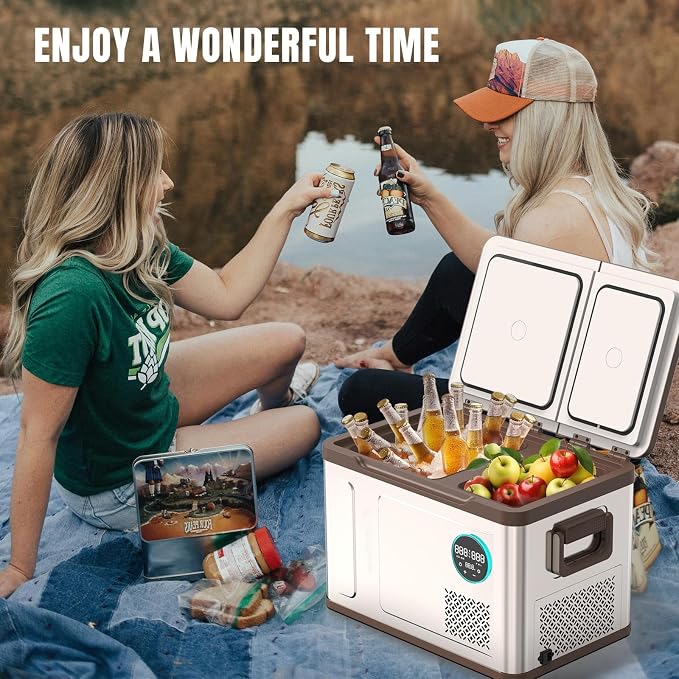 YELLOW JACKET Portable Car Refrigerator 33 Quart, Portable Freezer Dual Zone Electric Cooler for Outdoor Camping Travel,12/24V DC 110~240 Volt AC Refrigerator for Truck RV Home Office,-4℉-68℉