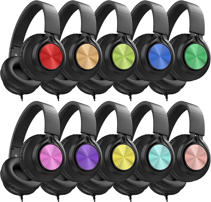 AILIHEN Classroom Headphones Bulk 10 Pack - Wired Headphones for Kids for School, K-12 Students Online Learning and Travel, HD Microphone and 3.5mm Jack for Tablet, Computer, Chromebook (Multicolor)