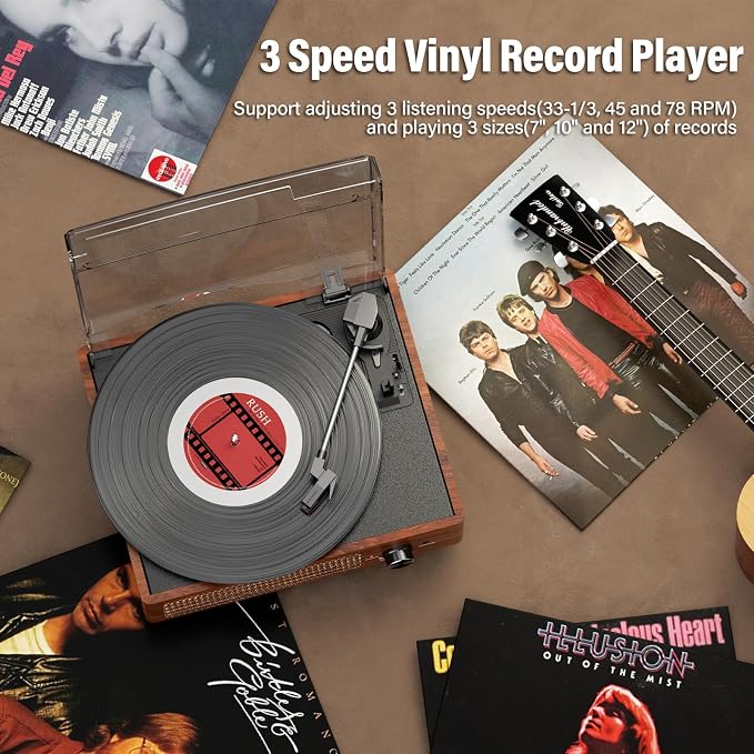 Vinyl Record Player Turntable with Built-in Bluetooth Receiver & 2 Stereo Speakers, 3 Speed 3 Size Portable Retro Record Player for Entertainment and Home Decoration