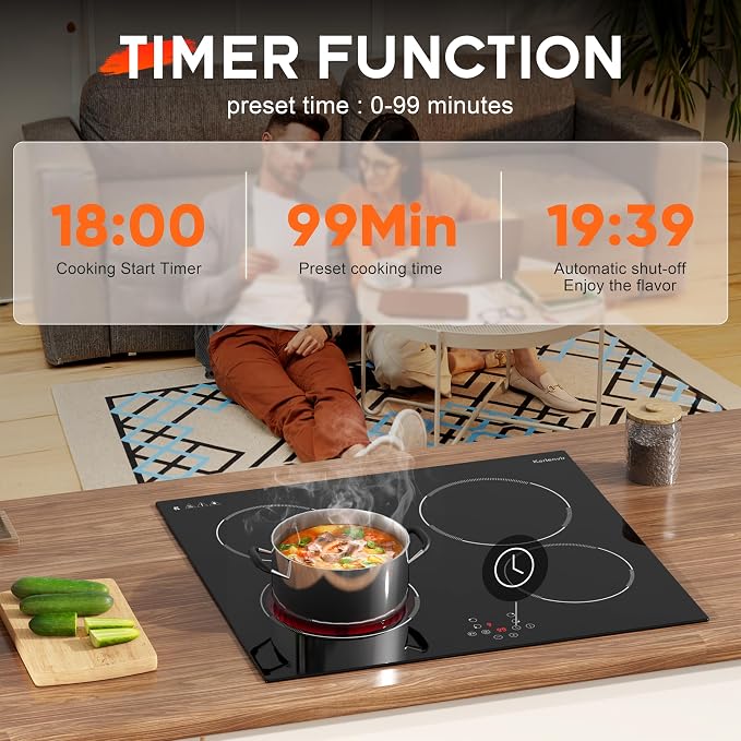 24 Inch Electric Cooktop Built in Electrics Stove Top, 4 Burner Electric Stove, Touch Control, 6000W, 9 Power Levels, Safety Lock, Timer, Pause Function, 240V Hard Wire(No Plug)