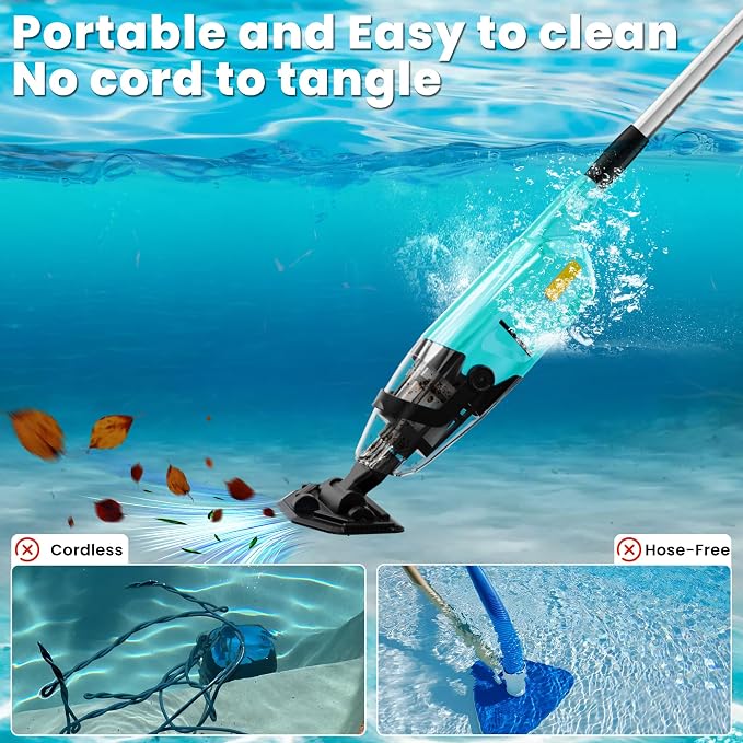 EFURDEN Pool Vacuum for Above Ground Pool, Cordless Handheld Rechargeable Pool Cleaner with Running Time Up to 60 Minutes for Sand and Debris, Ideal for In-Ground Pools, Spas, and Hot Tubs (Green)