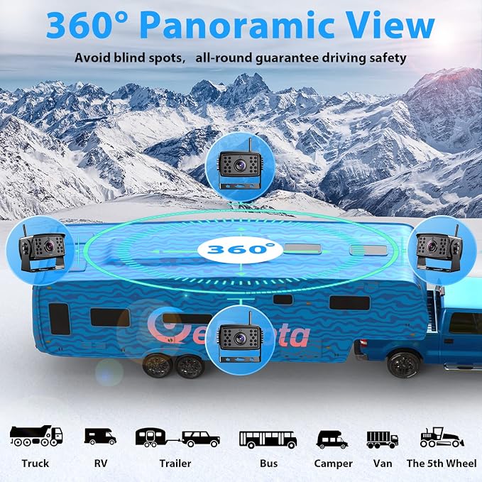 eRapta HD 1080P 10" Wireless Backup Camera System 10-inch for RV Truck Trailer Van Quad Split Monitor with Recording, IP69 Waterproof Rear View Side View Cameras, Digital Signal Parking Lines AWX103