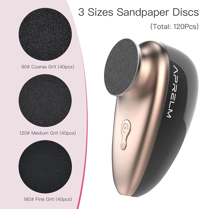 APRELM Rechargeable Electric Foot Callus Remover with 3-Sizes 120Pcs Sandpapers, Professional 1000RPM Electric Foot File with Organizer, Pedicure Tools Gifts for Women Men (E5 Black-Gold)