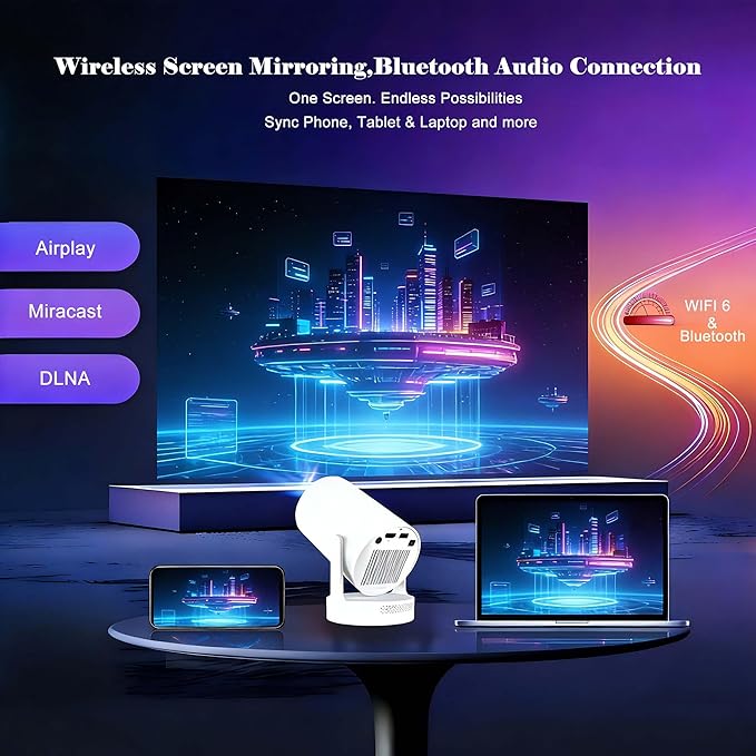 Smart Short Throw Projector with WiFi and Bluetooth, 210° Rotatable Mini Projector with Android System, Built-in Apps, Auto Keystone, Portable Ceiling Movie Projector for Bedroom & Outdoor Use