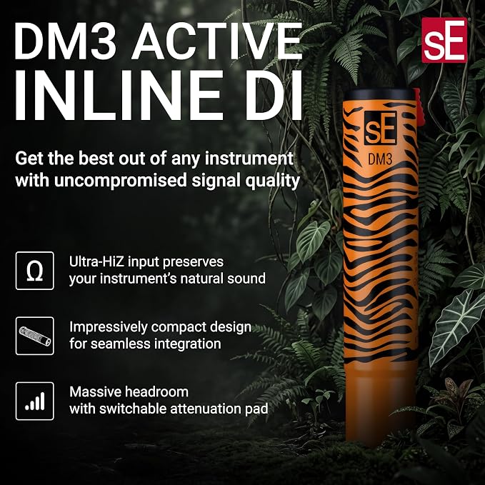 sE Electronics DM3 Black Active Inline DI with Ultra-HiZ Input & 10 MΩ High-Impedance - Compact Instrument DI with High Headroom & Lockable 1/4" Input for Guitar, Bass & Keys