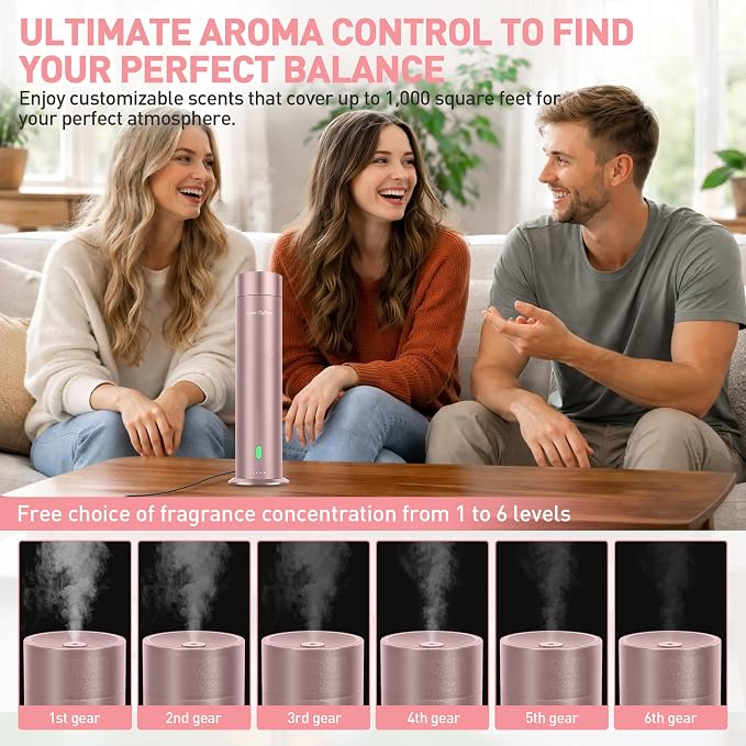 Waterless Scent Diffuser Starter Kit - 1000 Sq Ft Coverage, Hotel Scent Diffuser, Essential Oil Diffuser for Home & Large Room, Included 5 Scent Oils, Remote Control, Rosepink, 11In