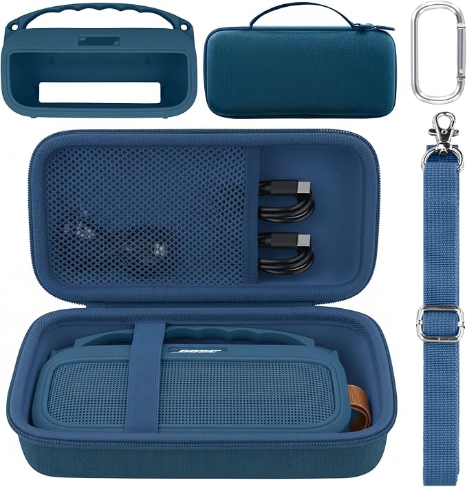 co2CREA Hard and Silicone Case Replacement for Bose New SoundLink Flex 2nd Gen Bluetooth Portable Speaker, with Carabiner and Shoulder Strap (Twilight Blue Case)