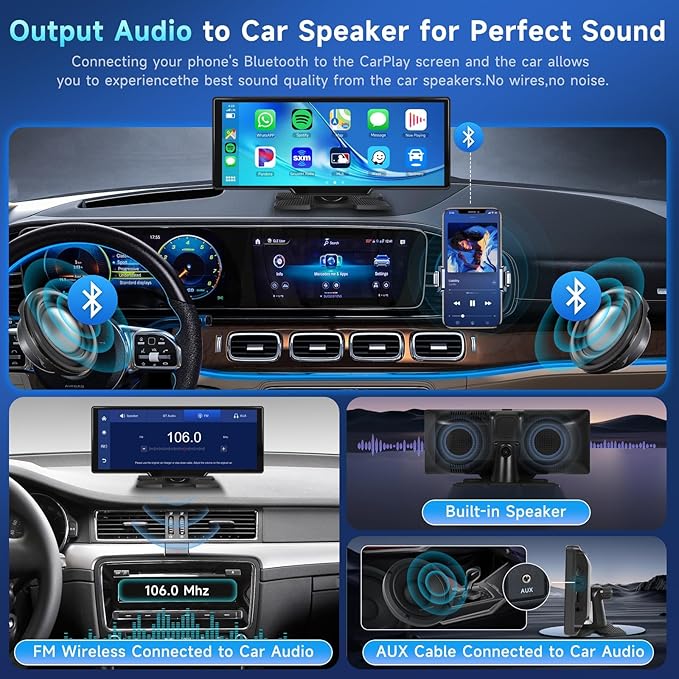 Podofo 10.26" Wireless CarPlay Car Stereo with 1080P Backup Camera, Portable Car Radio with Wireless Android Auto, IPS Touchscreen, Voice Control, Bluetooth, CarPlay Navigation, AUX/FM