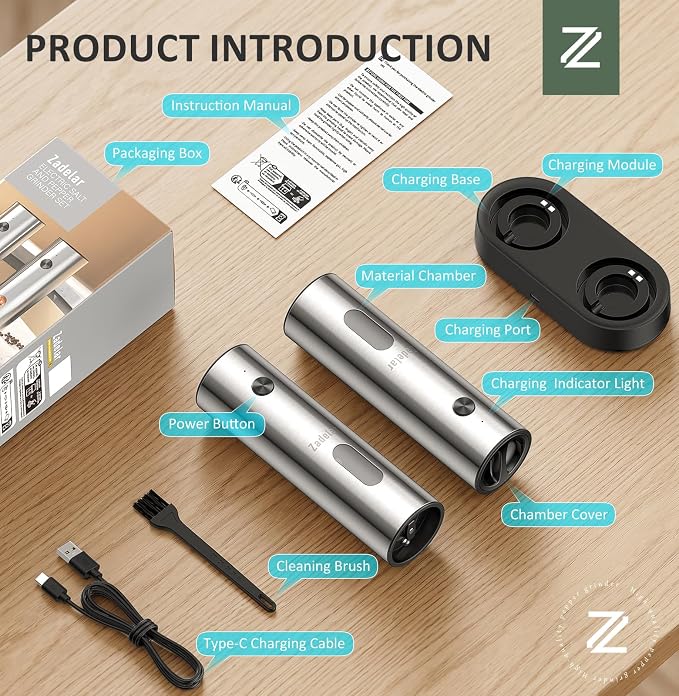 Zadelar Rechargeable Electric Salt and Pepper Grinder Set with USB-C Charging Base, Stainless Steel Automatic Salt and Pepper Shakers, Adjustable Coarseness, LED Light, Large Capacity, Kitchen Gift