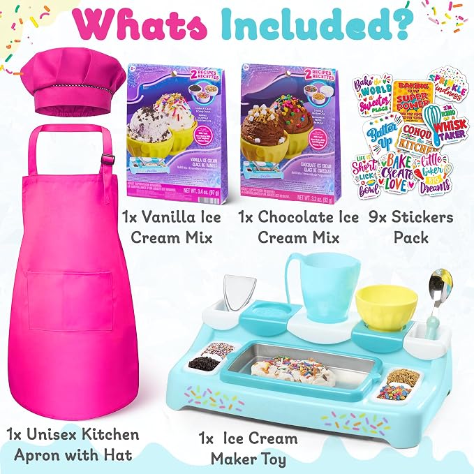 Ultimate Ice Cream Maker for Kids - Interactive Kitchen Playset for Children - Includes Freezing Tray, Bowls, Utensils, 2 Ice Cream Mixes, Apron, Hat, 9 Colorful Stickers (Heroic Hot Pink Bundle)