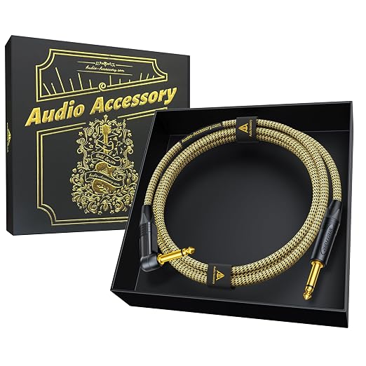 AA AUDIO ACCESSORY Gold Series Right Angle Guitar Cable 6.6 ft (Gold-Plated Neutrik Connectors) 16 AWG, Kevlar Reinforced Braided 1/4 Instrument Cord for Electric Amp Bass, 100% Shielded, Yellow/Black
