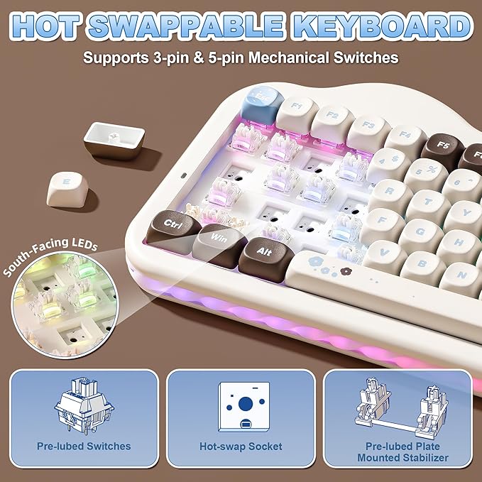 YUNZII C75 Wireless Mechanical Keyboard, 75% Layout, Hot-Swappable NKRO, BT5.0/2.4G/USB-C Mode, Dye-Sub PBT MOA Keycaps, RGB Gasket Mount, Cute Cake Design for Mac/Win/Gaming (Choco, Milk V2 Switch)