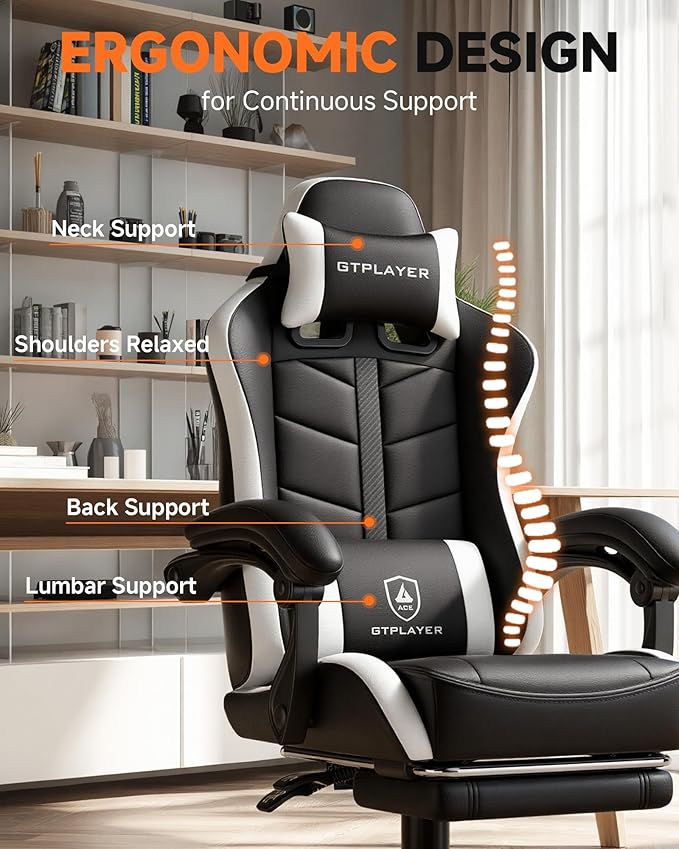 GTPLAYER Gaming Chair, Ergonomic Computer Office Chairs for Adults with Footrest, Height Adjustable, Linkage Armrests, 90-155° Recline & Headrest Lumbar Support, Black & White