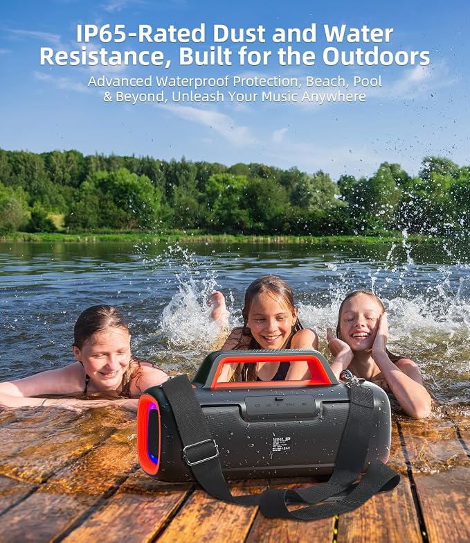 Portable Bluetooth Speaker 140W, Loud Wireless Speaker with 2 Subwoofers & Bass Boost, IP65 Waterproof Outdoor, 12000mAh Battery 24H Playtime, RGB Lights, TF/AUX/Mic Input for Home, Party, Outdoor