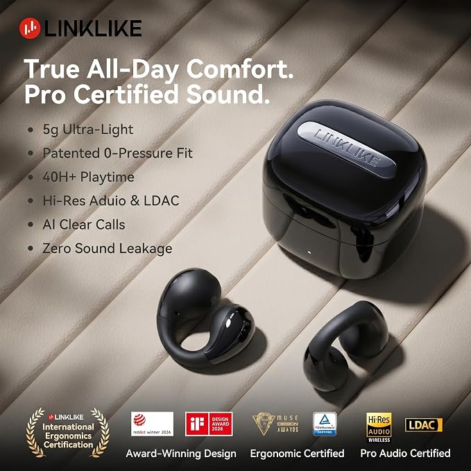 Linklike Most Comfortable Open Ear Clip-on Earbuds [Patented Zero Pressure & Top Hi-Fi] Hi-Res LDAC, 40H+ Battery, AI Clear Calls & No Sound Leakage, Ultralight 5g Fit for All Ears, Ideal Gifts-Black
