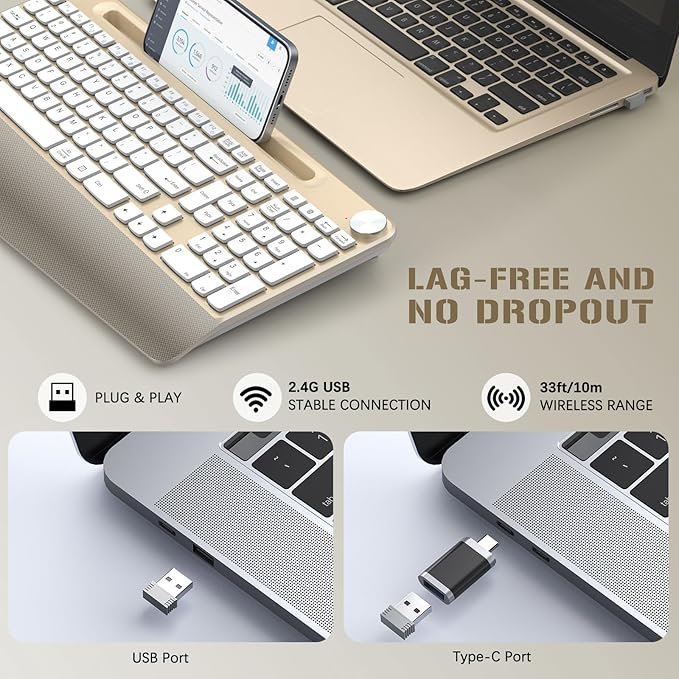 GAMCATZ Ergonomic Wireless Keyboard with Wrist Rest-Low-Profile,Phone/Tablet Holder,Quiet Design，Windows & Mac OS，Full Size Cordless USB Computer Keyboard for Desktop,Laptop, PC, Mac, Windows-Gold