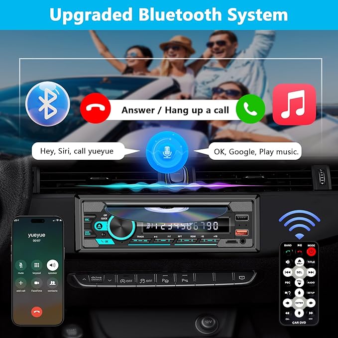 Single DIN CD/DVD Car Stereo with Bluetooth Hands-Free Calling, Push-to-Talk Assistant, FM Car Radio, USB AUX SD Playback, App Control, 7-Color Backlit Display, iOS & Android Compatible