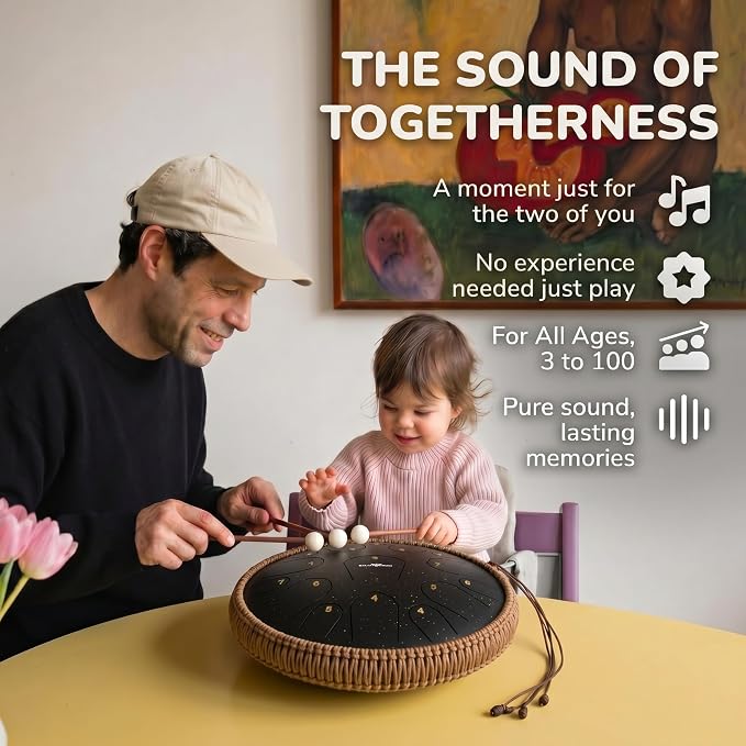 Balmy Drum Steel Tongue Drum 14 inch 15 Notes 440Hz, Handpan Drum with Music Book, Mallets, Carry Bag, Finger Picks, Rain Drum for Outdoor, Meditation Yoga Calming Instruments for Adults Kids (Black)