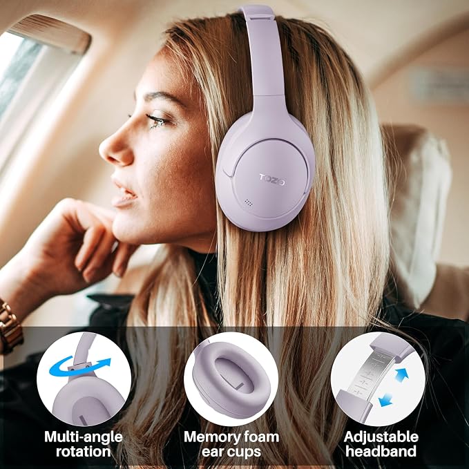 TOZO Hybrid Active Noise Cancelling Headphones, Wireless Over Ear Bluetooth Headset, 60H Playtime, Hi-Res Audio Custom EQ via App Deep Bass Comfort Fit Ear Cups, for Home Office Travel Purple
