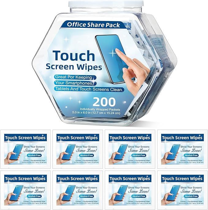 Willinglong 200 Pack Touch Screen Wipes Pre Moistened Lens Computer Electronic Screen Wipes Individually for Monitors with 1 Clear Plastic Bottle for Glasses Smartphone Screens