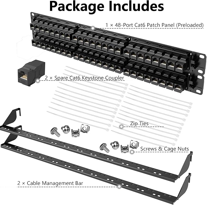 Jadaol [UL Listed] 48 Port Patch Panel Rackmount or Wall Mount 19-Inch, 2U Cat 6 Network Panel Preloaded with 48 Keystone Couplers Plus 2 Spare, 10Gbps Ethernet Panel with Cable Management & Back Bar