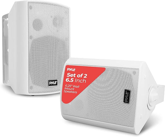 Pyle 6.5 Inch Wall Mount Waterproof Speaker System for Indoor or Outdoor Wireless Bluetooth Surround Sound System, White (2 Pack)