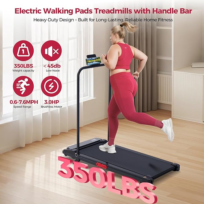 Walking Pad with Incline and Handle Bar, 3.0HP Electric Protable Mini Walking Pad Treadmills for Home Small Space, Small Treadmill for Exercising, 0.6-7.6MPH, 350LB Capacity