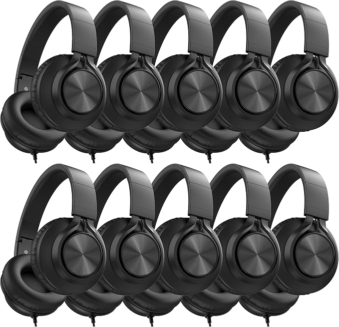 AILIHEN Classroom Headphones Bulk 10 Pack - Wired Headphones for Kids for School, K-12 Students Online Learning and Testing, HD Microphone and 3.5mm Jack for Tablet, Computer, Chromebook (Black)