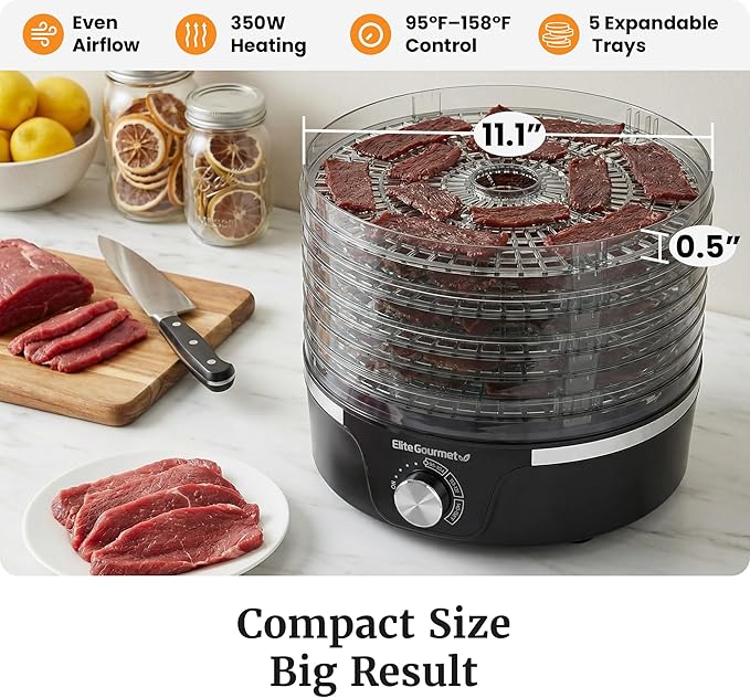 Elite Gourmet EFD319 Food Dehydrator, 5 BPA-Free 11.4" Trays Adjustable Temperature Controls, Jerky, Herbs, Fruit, Veggies, Dried Snacks, Black