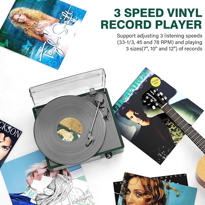 Record Player Bluetooth Turntable with Built-in Speakers & 3 Speed 3 Size Portable Retro Vinyl Record Player for Entertainment and Home Decoration Emerald Green