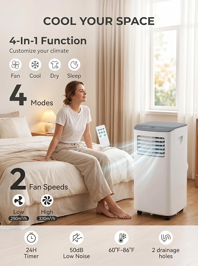 8000 BTU Portable Air Conditioners with Cooling, Dehumidifying, and Fan Functions, White Body with Cool Grey Top Cover, Perfect for Rooms Up to 350 Sq Ft, Quiet Mode, Energy-Saving 24-Hour Timer