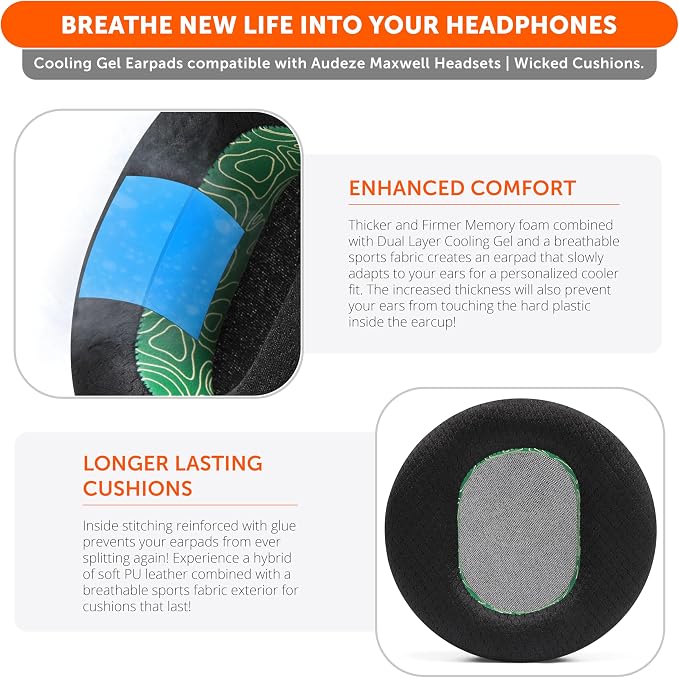 WC Freeze Maxwell - Cooling Gel Replacement Earpads for Audeze Maxwell Headphones by Wicked Cushions - Elevate Comfort, Durability, Thickness & Sound Isolation for Epic Gaming Sessions | Emerald Tide