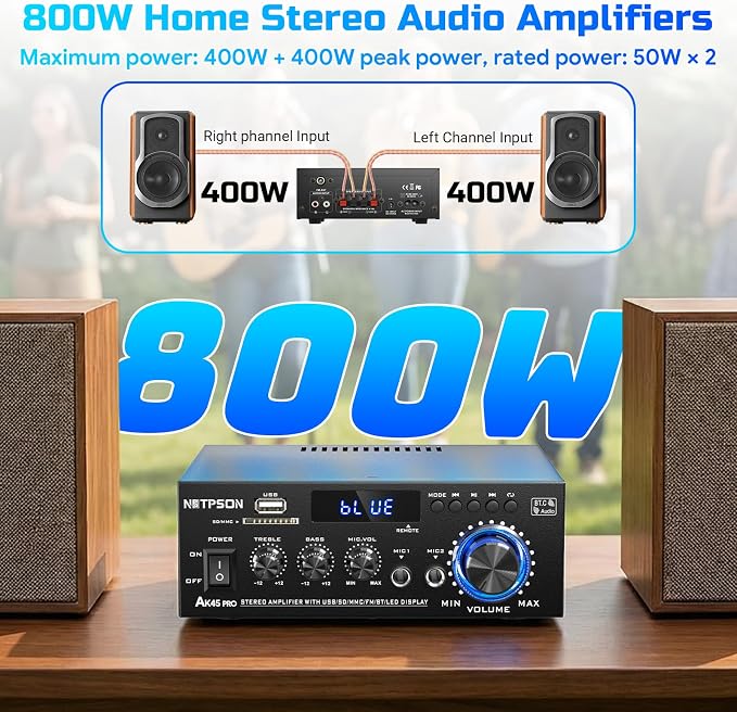 AK45 Bluetooth Stereo Receiver Amplifier,800W Home Audio Amp with FM Radio,USB/SD Inputs Remote Control, Wireless Power Amplifier for Home Theater Speakers,Karaoke,Garage Bookshelf Speakers