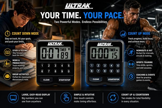 ULTRAK T-3 Digital Countdown Timer with Keypad – Count Up & Count Down Timer, Loud Alarm, Large Display, Magnetic Back, Ideal for Classroom, Fitness, Cooking & Study